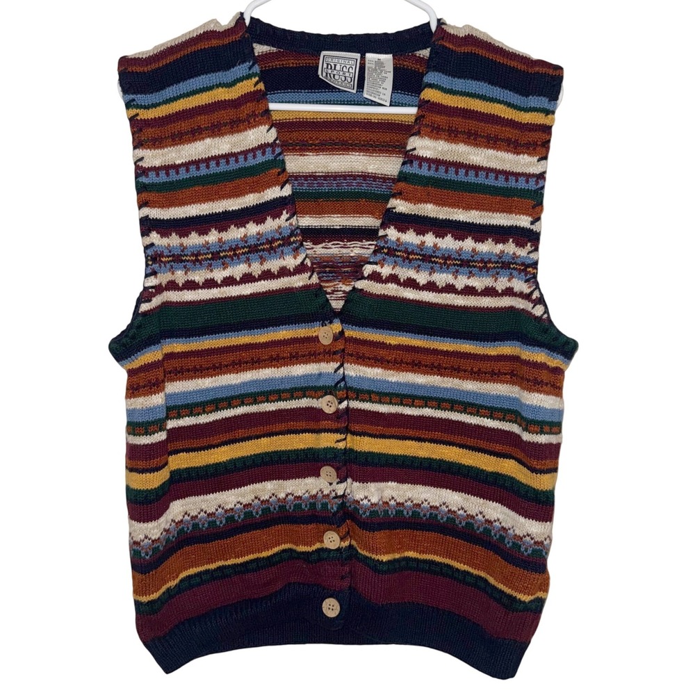Vintage Russ Sport Fair Isle Striped Sweater Vest Ramie Cotton Blend Size Medium